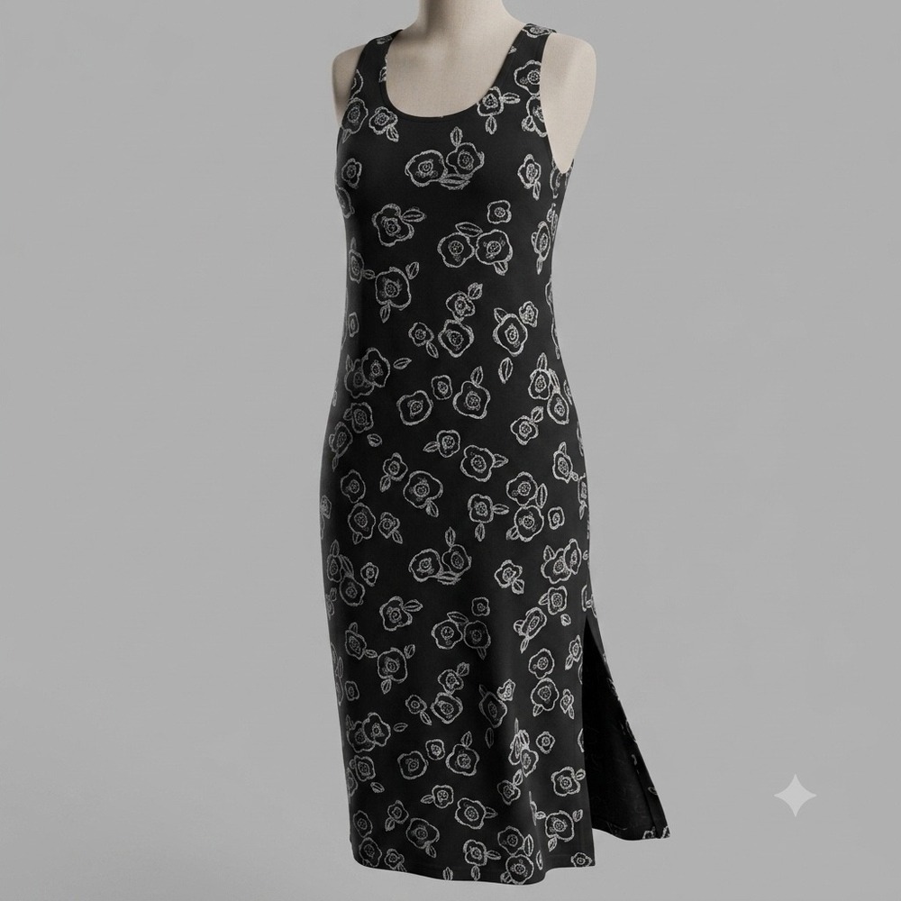 VTG Fresh Produce Maxi Dress Women XL Black Floral Cotton Sleeveless USA Slits